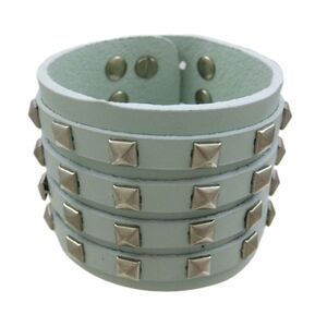 Gray Leather 4 Row Pyramid Studded Wristband Bracelet